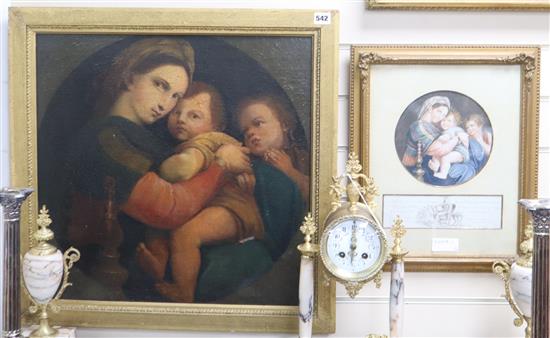 After Raphael, oil on canvas, Madonna with children, 52 x 53cm, and a similar print dated 1778